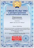 Свидетельство о распространении педагогического опыта на образовательном портале MAAM.ru